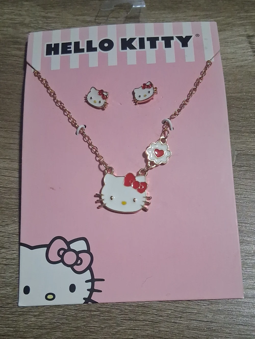 Hello Kitty Pink and White Enamel Necklace & Stud Earring Set